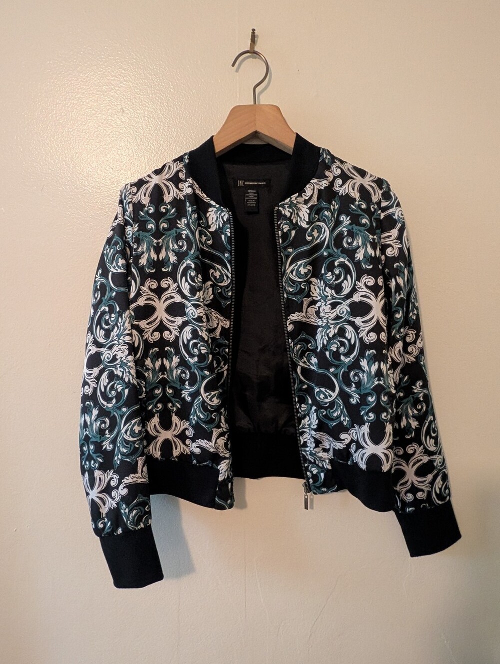 INC International Concepts Baroque Damask Print Bomber Jacket Medium Green Black